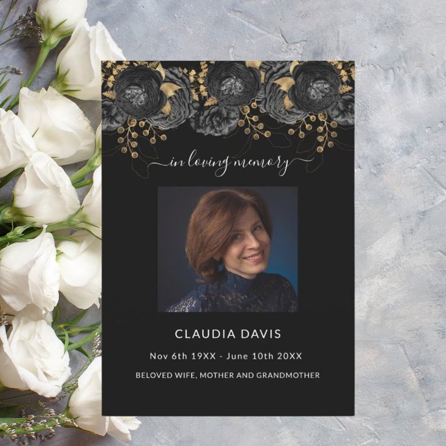 Black gold florals photo funeral program (Creator Uploaded)