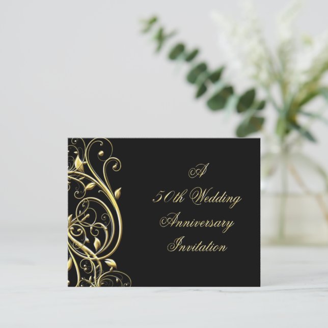 Black Gold Flourish 50th Anniversary Invitation (Standing Front)