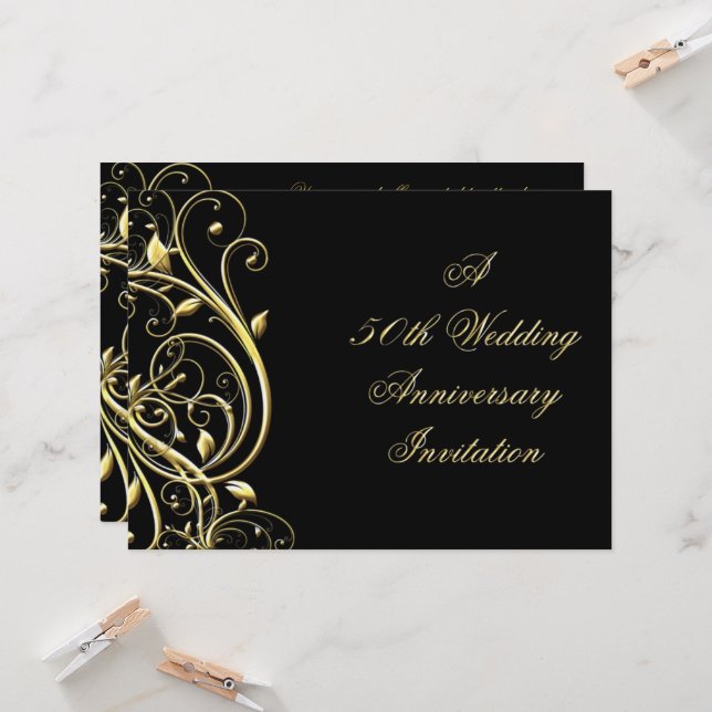 Black Gold Flourish 50th Anniversary Invitation (Front/Back In Situ)