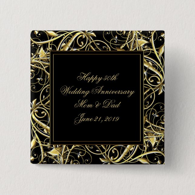 Black Gold Flourish 50th Wedding Anniversary 15 Cm Square Badge (Front)