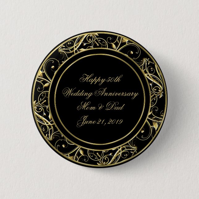 Black Gold Flourish 50th Wedding Anniversary 6 Cm Round Badge (Front)