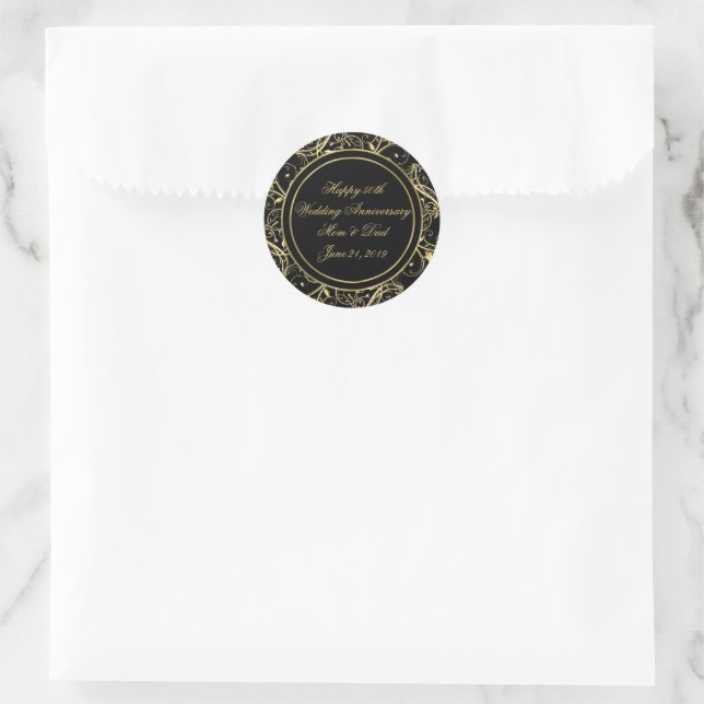 Black Gold Flourish 50th Wedding Anniversary Classic Round Sticker (Bag)