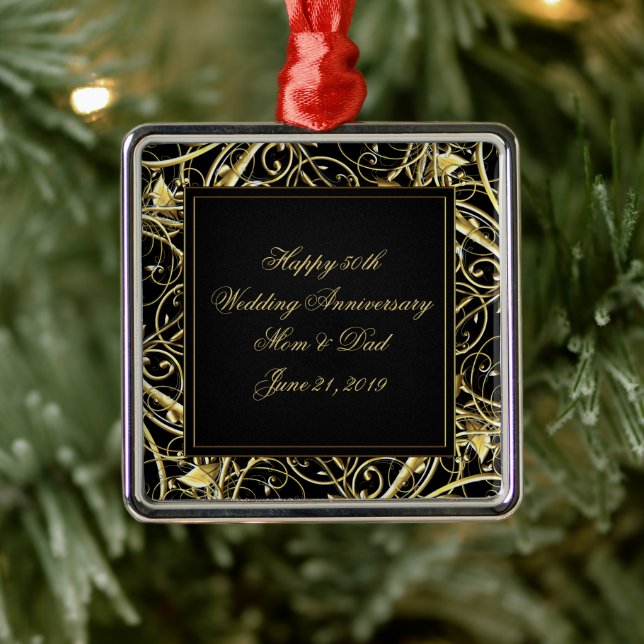 Black Gold Flourish 50th Wedding Anniversary Metal Ornament (Tree)