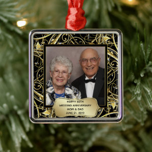 Black Gold Flourish 50th Wedding Anniversary Photo Metal Ornament