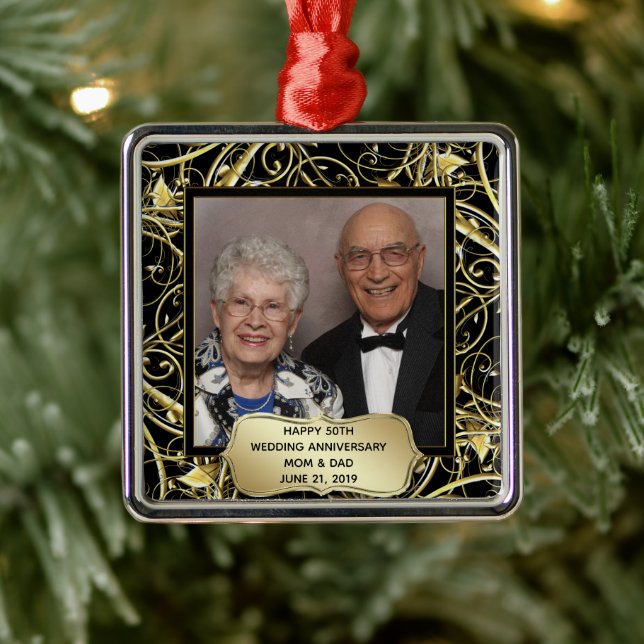 Black Gold Flourish 50th Wedding Anniversary Photo Metal Ornament (Tree)