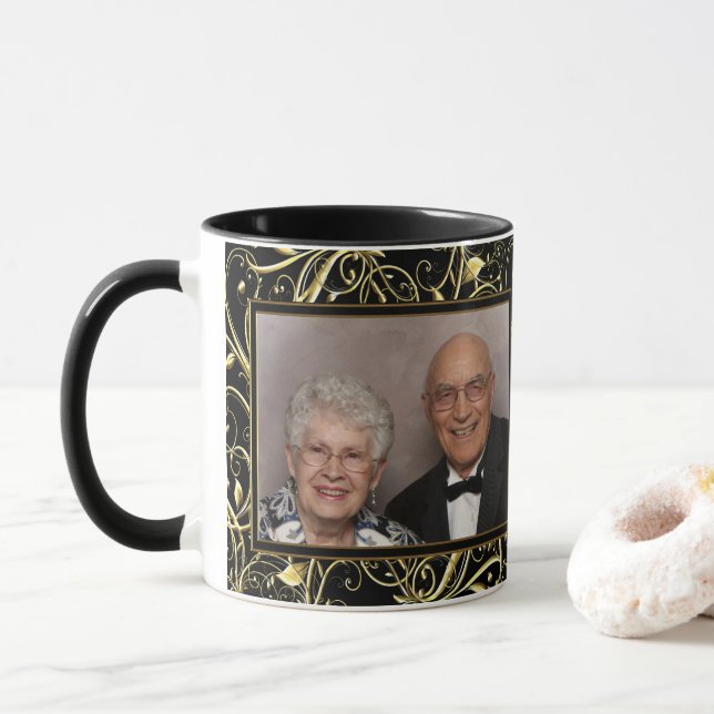 Black Gold Flourish 50th Wedding Anniversary Photo Mug (With Donut)