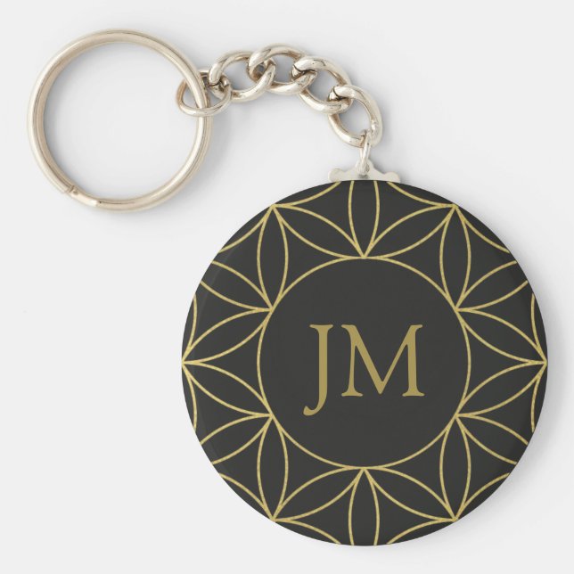 Black & Gold Flower of Life Monogram Key Ring (Front)