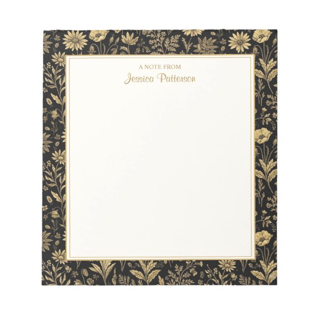 Black & Gold Flower Toile Pattern Personalized Notepad (Front)
