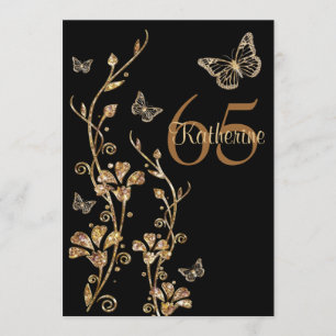 Black, Gold Flowers & Butterflies 65th Invitation