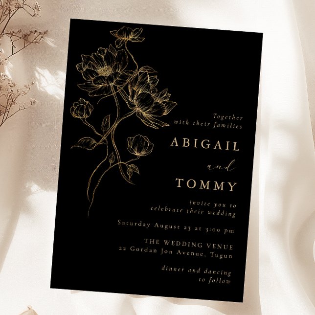Black, Gold Flowers Classic Modern Wedding Invitation (Creator Uploaded)