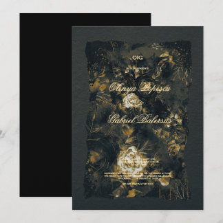 Black Gold flowers, Watercolor textured paper Wedd Invitation