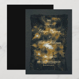 Black Gold flowers, Watercolor textured paper Wedd Invitation