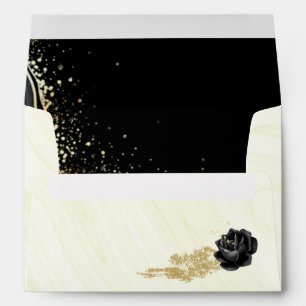 black & gold flowers wreath marble wedding envelope