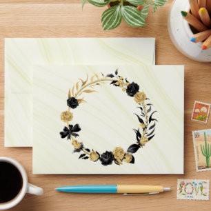 black & gold flowers wreath marble wedding envelope
