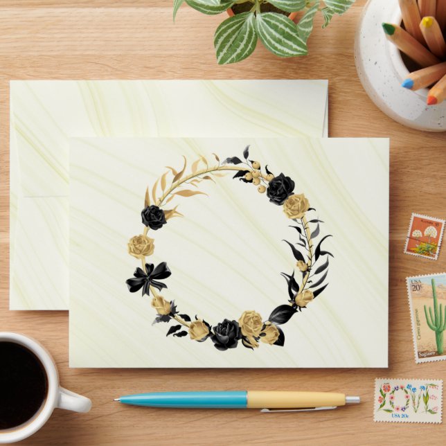 black & gold flowers wreath marble wedding envelope (Desk)