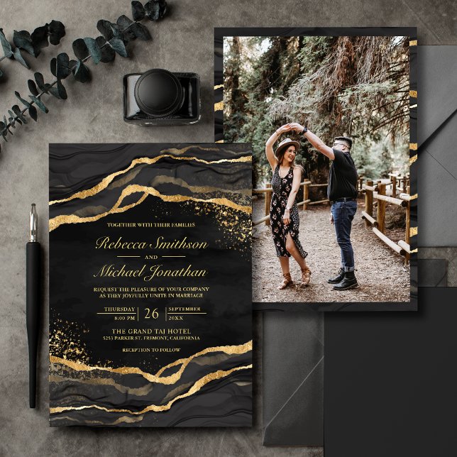 Black Gold Fluid Ink Photo Wedding Invitation (Creator Uploaded)