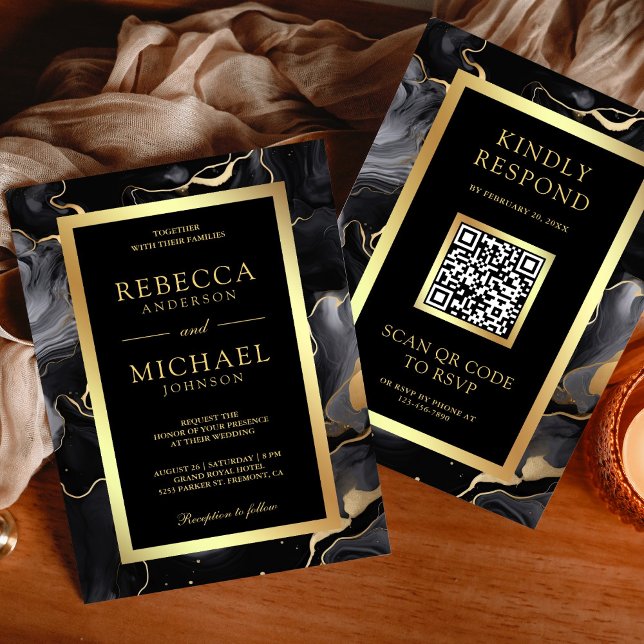 Black Gold Fluid Ink QR Code Wedding Invitation (Creator Uploaded)
