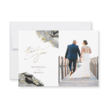 black gold fluid marble wedding thank you card