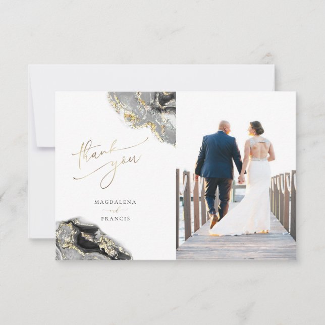 black gold fluid marble wedding thank you card (Front)