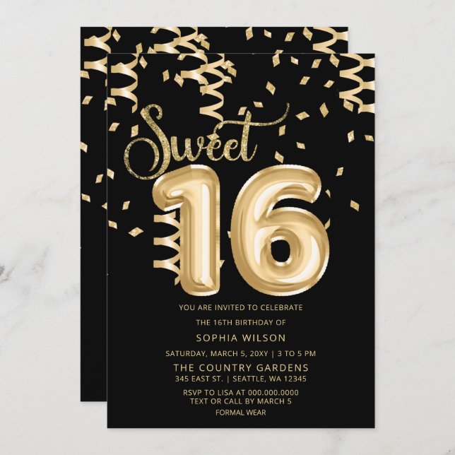 Black Gold Foil Balloon Sweet 16 Birthday Invitation (Front/Back)