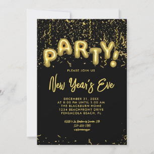 Black & Gold Foil Balloons New Year's Eve Party Invitation