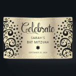 Black Gold Foil Bat Mitzvah Tree of Life Script Banner<br><div class="desc">Be proud, rejoice and showcase this milestone of your favourite Bat Mitzvah! Hang up this stunning, modern, stylish, personalised banner to add to her special day. Graphic, abstract black trees with Star of David and dot “leaves”, along with black calligraphy script and sans serif typography, overlay a sparkly, faux gold...</div>