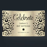 Black Gold Foil Bat Mitzvah Tree of Life Script Banner<br><div class="desc">Be proud, rejoice and showcase this milestone of your favourite Bat Mitzvah! Hang up this stunning, modern, stylish, personalised banner to add to her special day. Graphic, abstract black trees with Star of David and dot “leaves”, along with black calligraphy script and sans serif typography, overlay a sparkly, faux gold...</div>