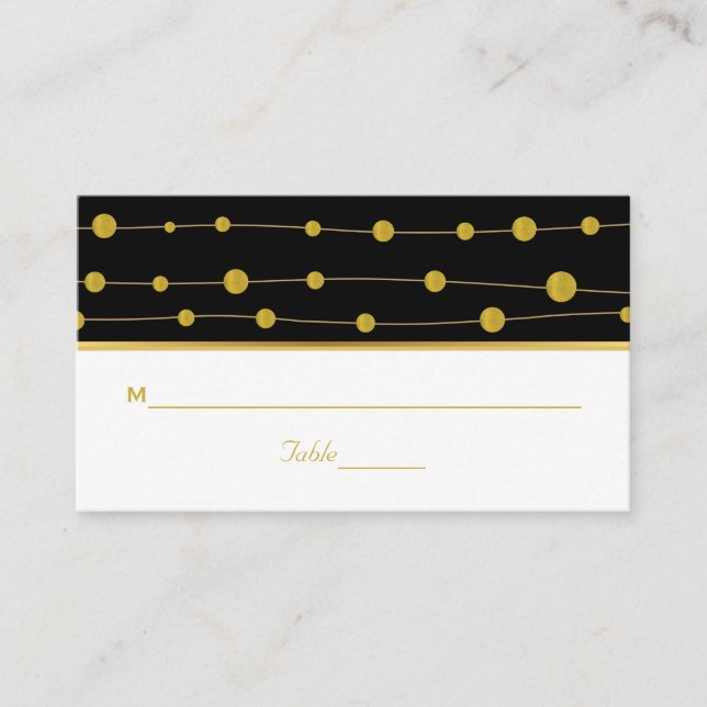 Black, gold foil beads modern wedding place card (Front)