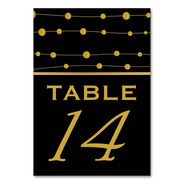 Black, gold foil beads modern wedding table number (Front)