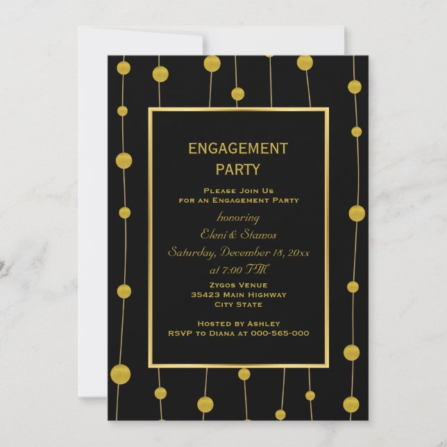 Black, gold foil beads wedding engagement party invitation (Front)