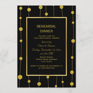 Black, gold foil beads wedding rehearsal dinner invitation