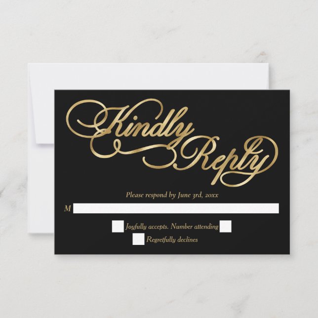 Black & Gold Foil Calligraphy Formal Wedding RSVP Card (Front)