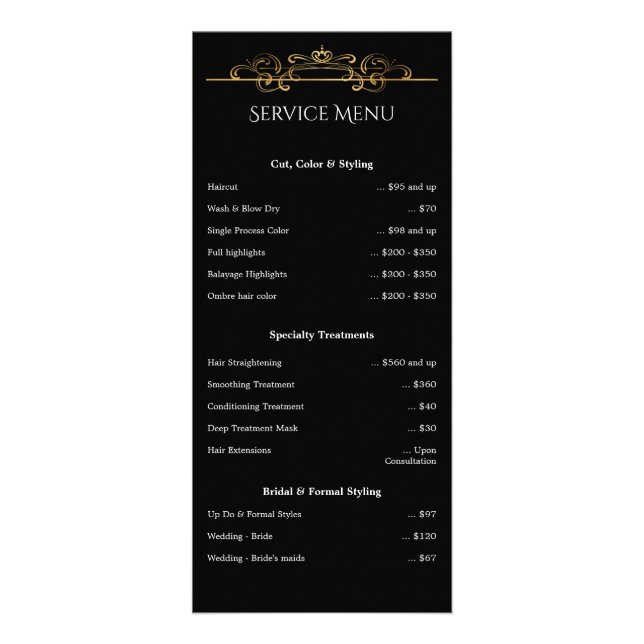 Black Gold Foil Classic Swirls Service Price Menu (Front)