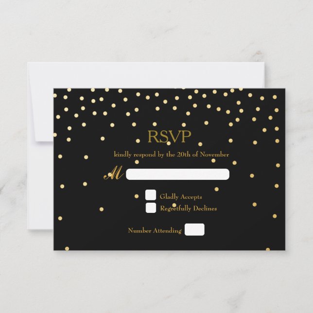 Black & Gold Foil Confetti Dots Wedding RSVP Card (Front)