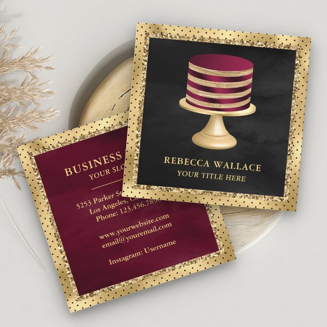 Black Gold Foil Custom Burgundy Cake Bakery Square Business Card (Creator Uploaded)