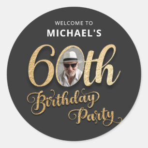 Black Gold Foil Custom Photo 60th Birthday Classic Round Sticker