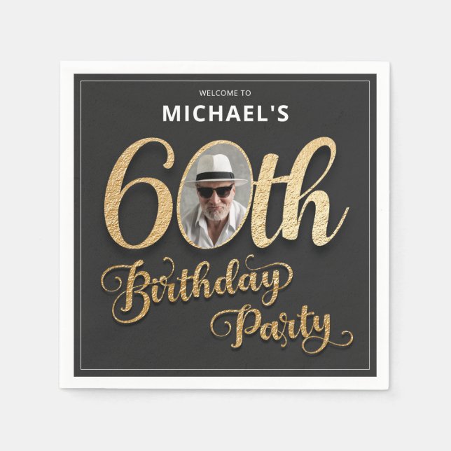 Black Gold Foil Custom Photo 60th Birthday  Napkin (Front)