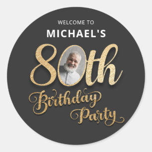 Black Gold Foil Custom Photo 80th Birthday Classic Round Sticker