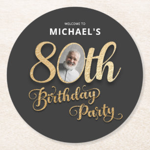 Black Gold Foil Custom Photo 80th Birthday Round Paper Coaster