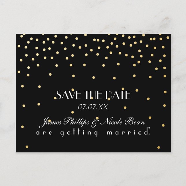 Black & Gold Foil Dots Save The Date Postcard (Front)