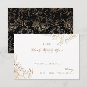 Black Gold Foil Floral Hand Drawn Elegant Wedding RSVP Card