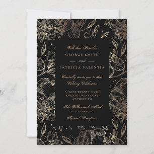 Black Gold Foil Flowers Hand Drawn Elegant Wedding Invitation