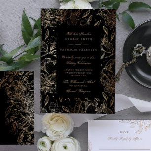 Black Gold Foil Flowers Hand Drawn Elegant Wedding Invitation