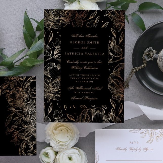 Black Gold Foil Flowers Hand Drawn Elegant Wedding Invitation (Creator Uploaded)