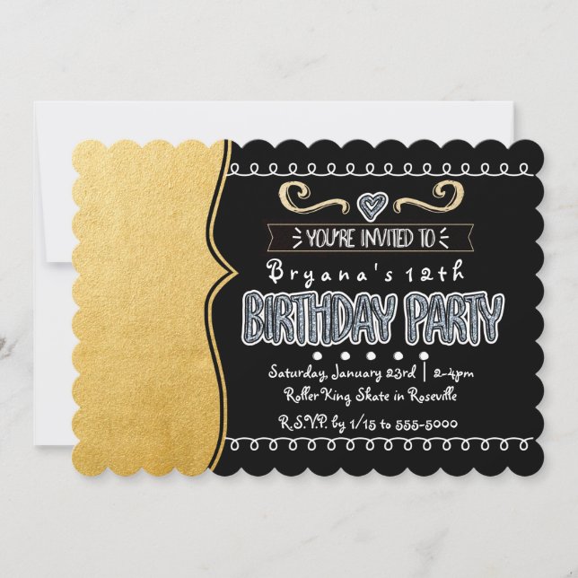 Black & Gold Foil Girls Birthday Party Invitations (Front)