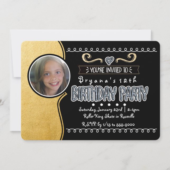 Black & Gold Foil Girls Birthday Photo Invitations (Front)