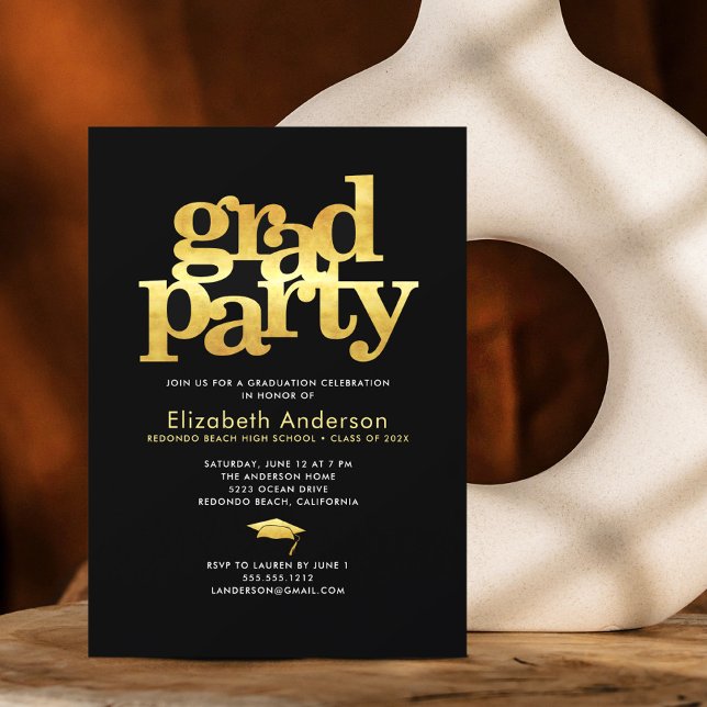 Black gold foil grad party modern bold typography invitation (Creator Uploaded)
