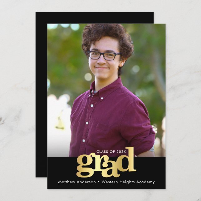 Black gold foil graduation photo modern typography announcement (Front/Back)