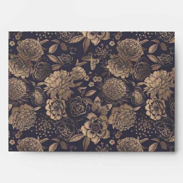 Black Gold Foil Peonies Roses Invitation Matching Envelope (Front)