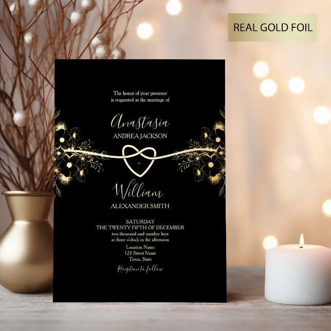 Black Gold Foil Rope Heart Wedding Invite (Creator Uploaded)